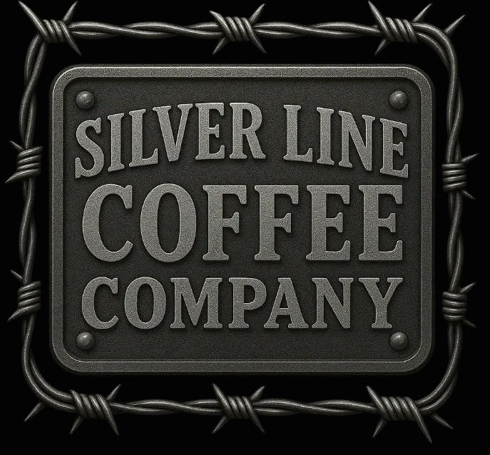 Silver Line Coffee Company logo with barbed wire on a black background